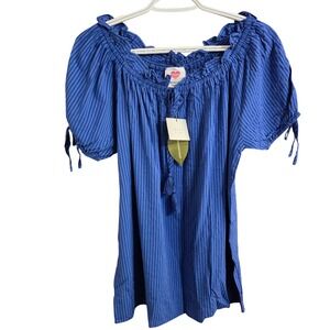 Hester & Orchard Cobalt Blue Striped Ruffle Neck Tie Sleeve Blouse Small